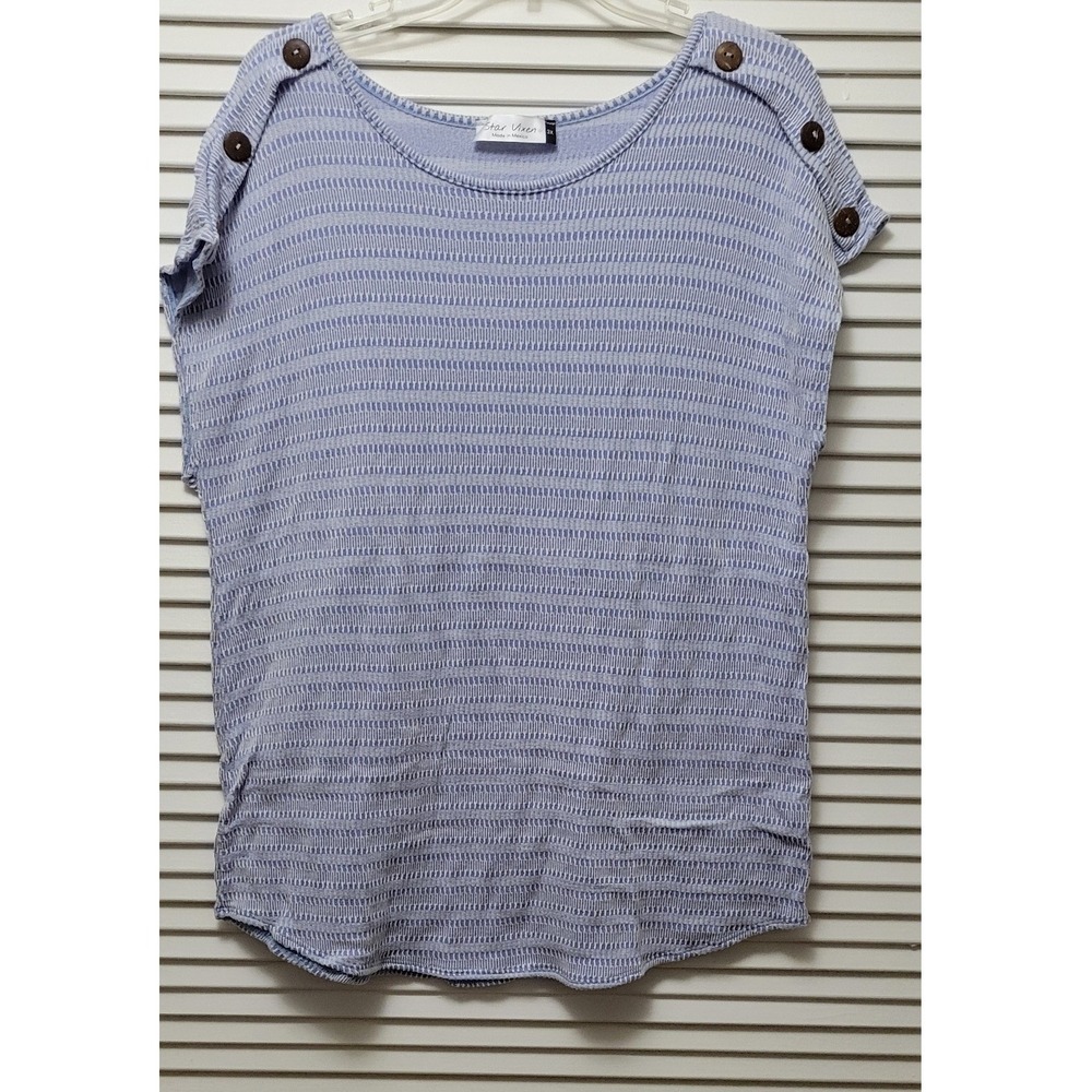 Plus Size Blue White Striped Button Shoulder Knit Top 3X Plus Size casual